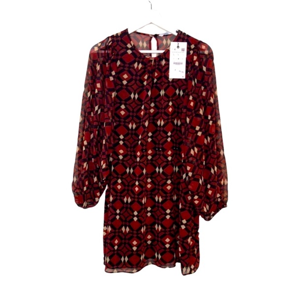 Zara  Geometric Sheer Mini Dress Red - Picture 1 of 7